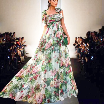 Women's Swing Dress Elegant Pastoral Printing Sleeveless Flower Maxi Long Dress Party Date