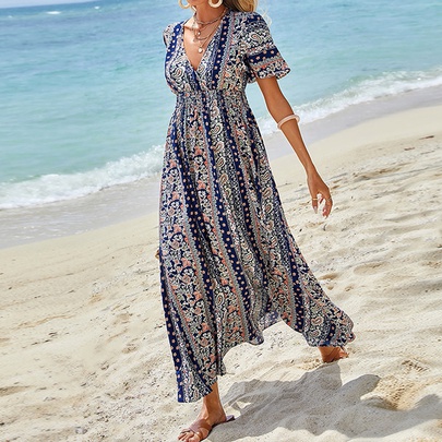 Women's Regular Dress Sundress Elegant Bohemian V Neck Short Sleeve Printing Maxi Long Dress Holiday Beach