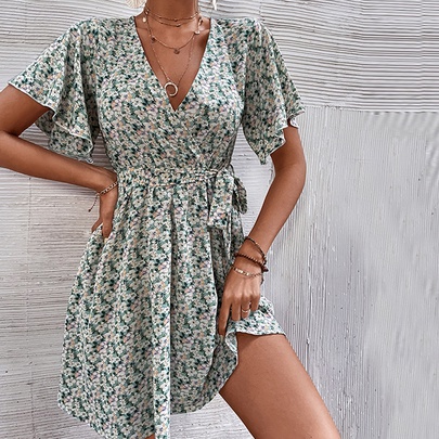 Women's Floral Dress Casual V Neck Printing Short Sleeve Ditsy Floral Above Knee Daily Street