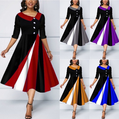 Women's Swing Dress Vintage Style Round Neck Printing Button Half Sleeve Geometric Maxi Long Dress Street
