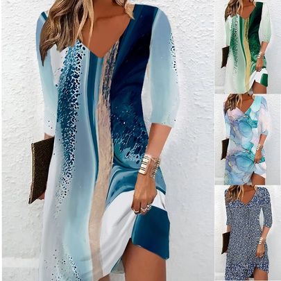 Women's Regular Dress Vacation V Neck Printing 3/4 Length Sleeve Solid Color Midi Dress Street