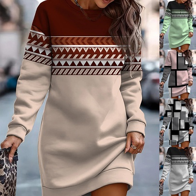 Women's Regular Dress Simple Style Round Neck Printing Long Sleeve Solid Color Midi Dress Street