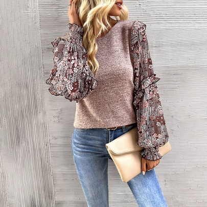 Women's Blouse Long Sleeve Blouses Patchwork Casual Flower