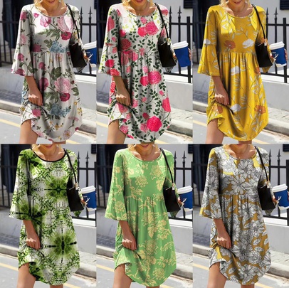 Women's Regular Dress Casual Round Neck Printing 3/4 Length Sleeve Flower Above Knee Daily Street