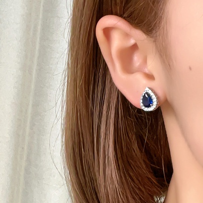 1 Pair Casual Simple Style Shiny Oval Water Droplets Plating Inlay Copper Zircon Rhodium Plated Ear Studs