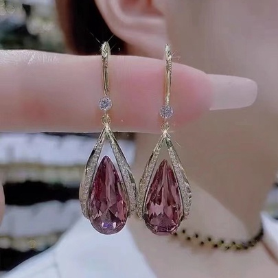 Wholesale Jewelry Lady Water Droplets Alloy Artificial Crystal Inlay Drop Earrings