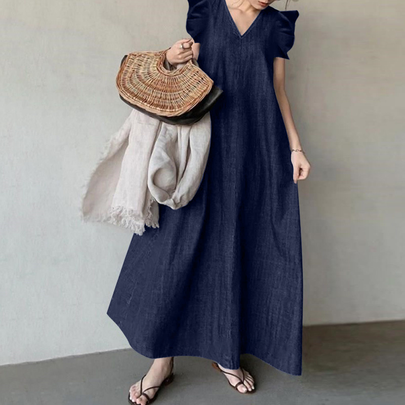 Women's Irregular Skirt Vintage Style Bohemian V Neck Pocket Patchwork Sleeveless Solid Color Maxi Long Dress Street