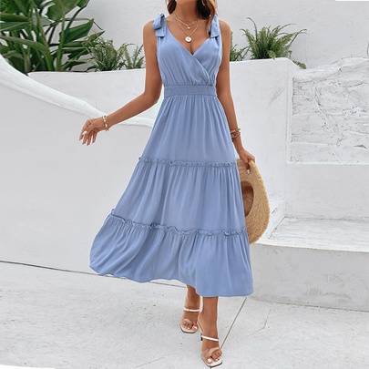 Women's Regular Dress Elegant V Neck Lettuce Trim Sleeveless Solid Color Midi Dress Daily Street