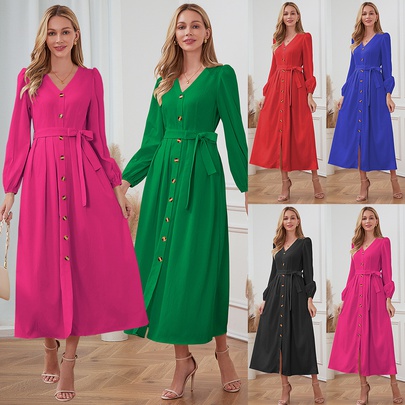Women's Regular Dress Elegant V Neck Long Sleeve Solid Color Maxi Long Dress Daily