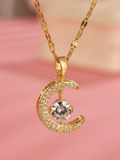 Elegant Moon Stainless Steel Plating Hollow Out Inlay Zircon 18k Gold Plated Pendant Necklace