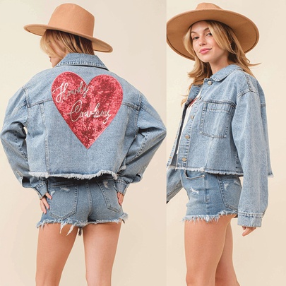 Women's Casual Streetwear Heart Shape Solid Color Single Breasted Coat Denim Jacket