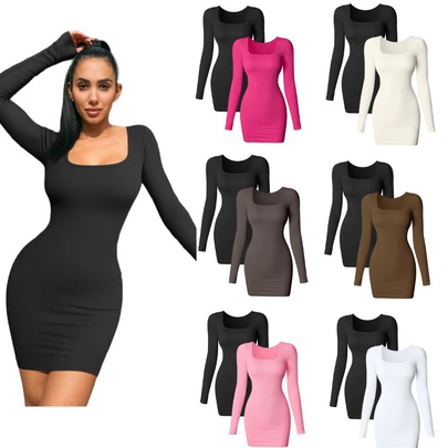 Women's Sheath Dress Sexy Streetwear Square Neck Long Sleeve Solid Color Above Knee Daily