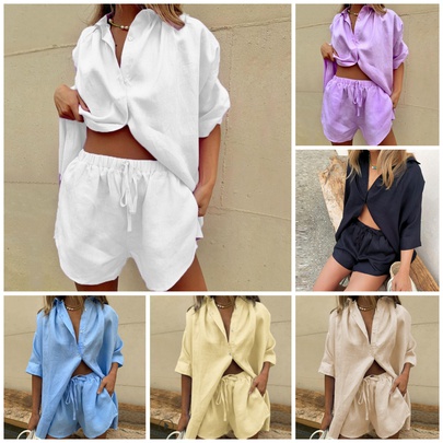 Women's Casual Solid Color Linen Cotton Blend Pocket Shorts Sets