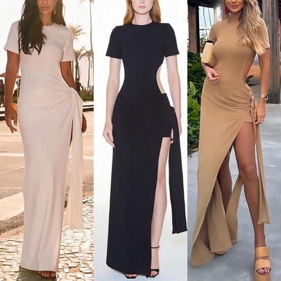 Women's Regular Dress Elegant Round Neck Short Sleeve Solid Color Maxi Long Dress Daily