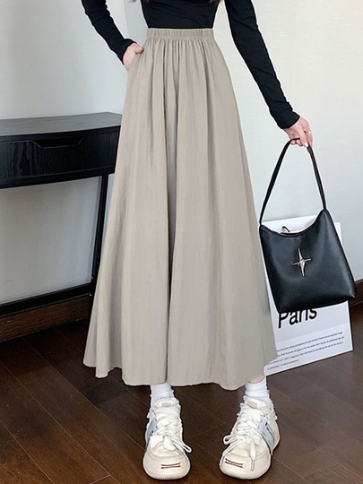 Summer Spring Basic Classic Style Solid Color Linen Type Cloth Midi Dress Skirts