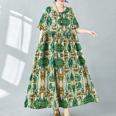 Women's Sundress Boho Dress Bohemian Round Neck Short Sleeve Printing Maxi Long Dress Casual Beach Tea Party