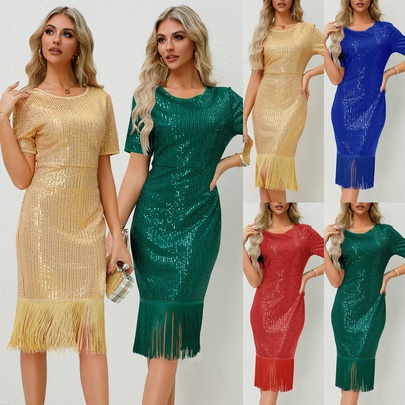 Women's Sequin Dress Regular Dress Elegant Round Neck Tassel Short Sleeve Solid Color Midi Dress Daily