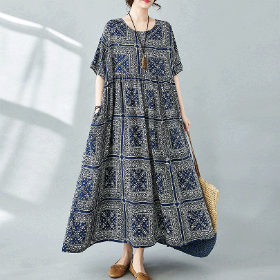 Women's Swing Dress Boho Dress Vacation Ethnic Style Bohemian Round Neck Short Sleeve Printing Maxi Long Dress Daily