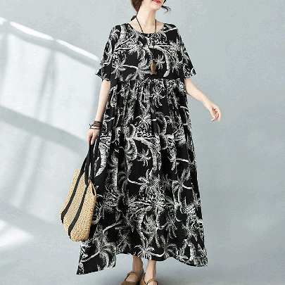 Women's Swing Dress Regular Dress Vacation Ethnic Style Bohemian Round Neck Short Sleeve Printing Maxi Long Dress Holiday Travel