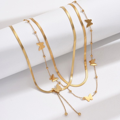 304 Stainless Steel 14K Gold Plated IG Style Elegant Korean Style Polishing Butterfly Double Layer Necklaces Necklace