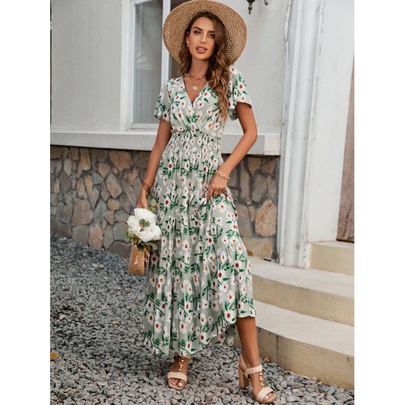 Women's Regular Dress Streetwear V Neck Short Sleeve Flower Maxi Long Dress Holiday Daily