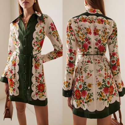 Elegant Flower Short Dresses Polyester Printing Belt Regular Dress Above Knee Dresses