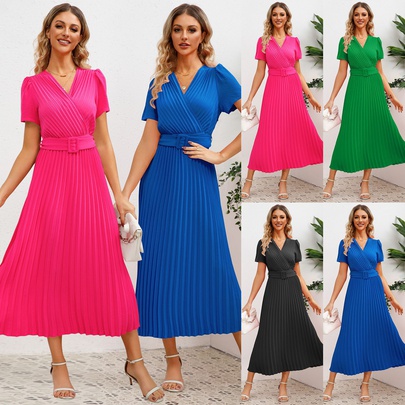 Women's Regular Dress Simple Style V Neck Pleated Short Sleeve Solid Color Midi Dress Holiday
