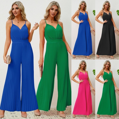 Women's Holiday Vacation Solid Color Full Length Pleated Jumpsuits