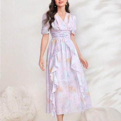 Women's Regular Dress Simple Style V Neck Ruffles Short Sleeve Ditsy Floral Maxi Long Dress Holiday Daily