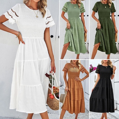 Women's Regular Dress Simple Style Round Neck Pleated Short Sleeve Solid Color Maxi Long Dress Holiday Daily