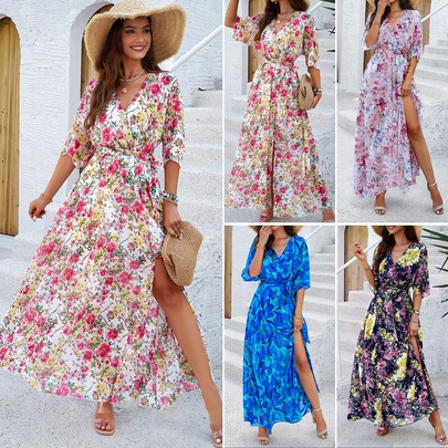 Women's Regular Dress Simple Style V Neck Printing Half Sleeve Solid Color Midi Dress Travel Selfie