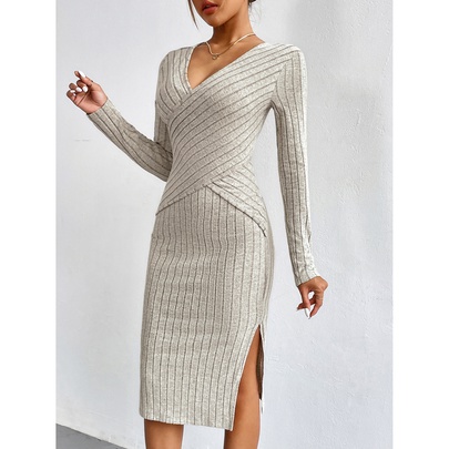 Women's Regular Dress Casual V Neck Long Sleeve Solid Color Midi Dress Daily