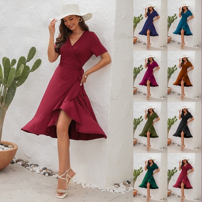 Women's Regular Dress Casual Elegant V Neck Short Sleeve Solid Color Midi Dress Daily