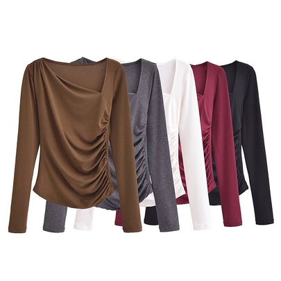 Women's T-shirt Long Sleeve T-Shirts Pleated Simple Style Classic Style Solid Color