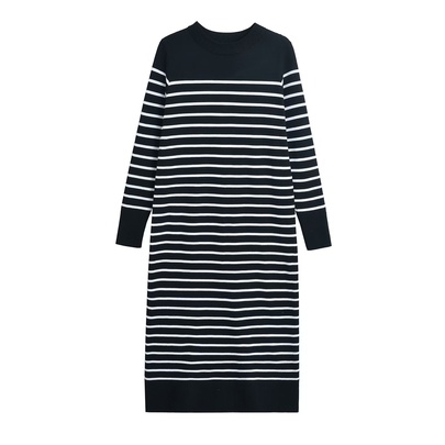 Women's Regular Dress British Style Round Neck Long Sleeve Stripe Maxi Long Dress Holiday
