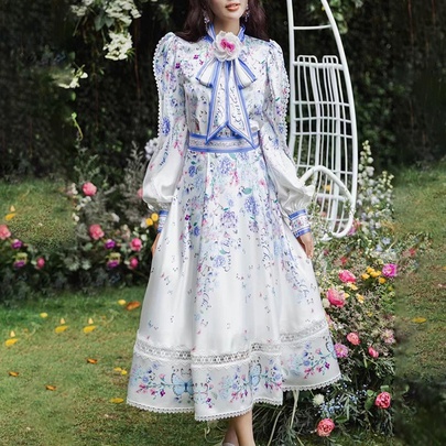 Women's Regular Dress Vintage Style Standing Collar Long Sleeve Flower Midi Dress Holiday Daily