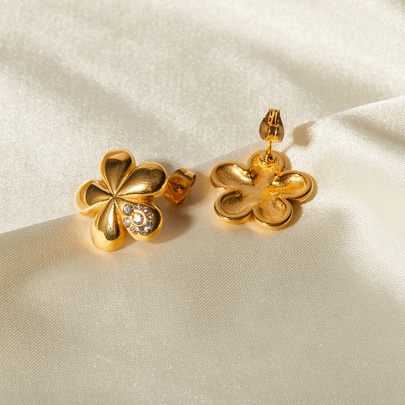 1 Pair IG Style Flower Inlay 316 Stainless Steel  Rhinestones 18K Gold Plated Ear Studs