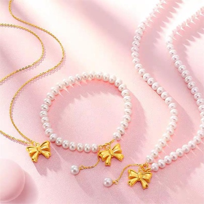Elegant Sweet Bow Knot Imitation Pearl Copper Beaded Plating Women's Bracelets Necklace