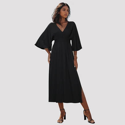 Women's Regular Dress Simple Style V Neck Half Sleeve Solid Color Midi Dress Holiday Daily