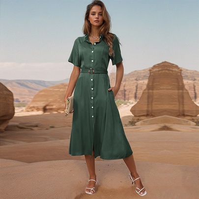 Women's Regular Dress Simple Style Turndown Short Sleeve Solid Color Midi Dress Holiday