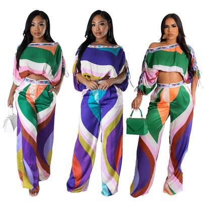 Holiday Women's Vacation Color Block Polyester Printing Button Pants Sets Pants Sets