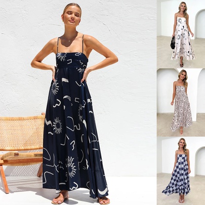 Women's Swing Dress Hawaiian Strap Printing Zipper Sleeveless Palm Tree Midi Dress Holiday Daily