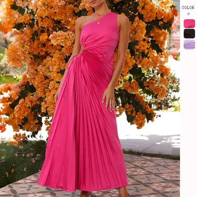 Women's Swing Dress Elegant Oblique Collar Sleeveless Solid Color Maxi Long Dress Banquet