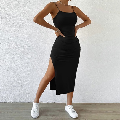 Women's Strap Dress Sexy Strap Slit Backless Sleeveless Solid Color Midi Dress Holiday Daily