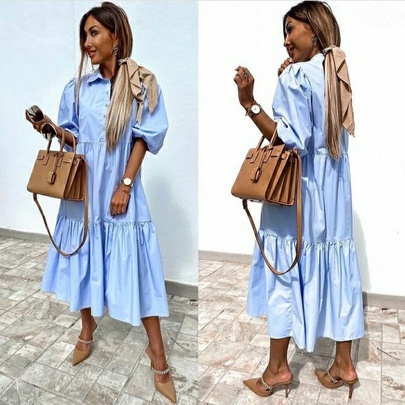 Women's Shirt Dress Simple Style Shirt Collar Pleated 3/4 Length Sleeve Solid Color Midi Dress Holiday Daily