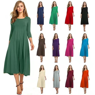 Women's Swing Dress Simple Style Round Neck Pleated 3/4 Length Sleeve Solid Color Midi Dress Holiday Daily