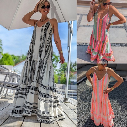 Women's Regular Dress Streetwear V Neck Printing Backless Sleeveless Geometric Midi Dress Travel Selfie