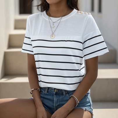 Women's T-shirt Short Sleeve T-Shirts Stripe Rib-Knit Vacation Stripe