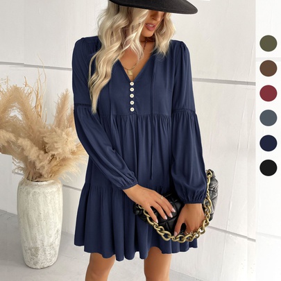 Women's Regular Dress Simple Style V Neck Ruffles Long Sleeve Solid Color Above Knee Holiday Daily