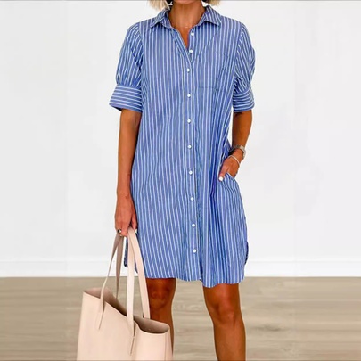 Women's Regular Dress Streetwear V Neck Printing Pocket Short Sleeve Stripe Above Knee Casual Daily